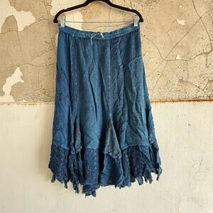 Boho Blue Patchwork Midi Skirt India Rayon Drawstring Waist Uneven Hem Size M